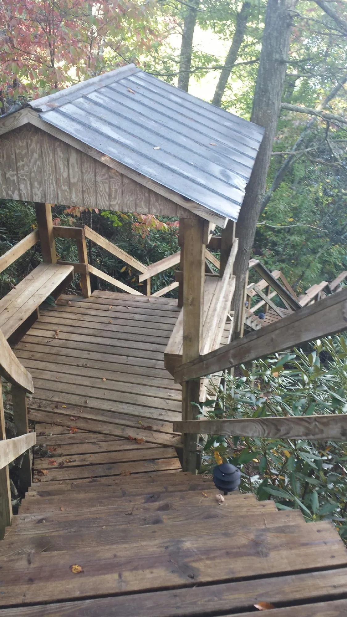 Metal roofed shelter over wooden steps on a wooded walkway — Skylight Repair & Installation work by our crew in Chualar